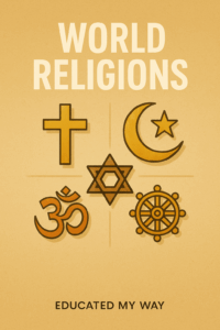 Cover image of the World Religions Curriculum full bundle for K–12 students, created by Educated My Way