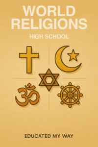 Cover image of the World Religions Curriculum for high school students, created by Educated My Way
