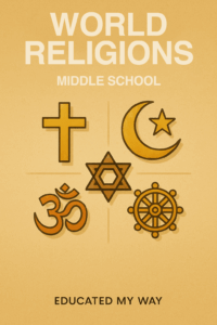 Cover image of the World Religions Curriculum for middle school students, created by Educated My Way